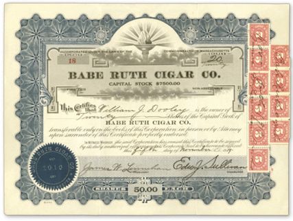 1919 Babe Ruth Cigar Stock Certificate